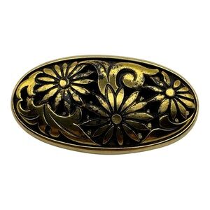 Vintage Oval Floral Brooch Pin Gold-Tone Black Enamel Etched Daisy‎ Design 2”
